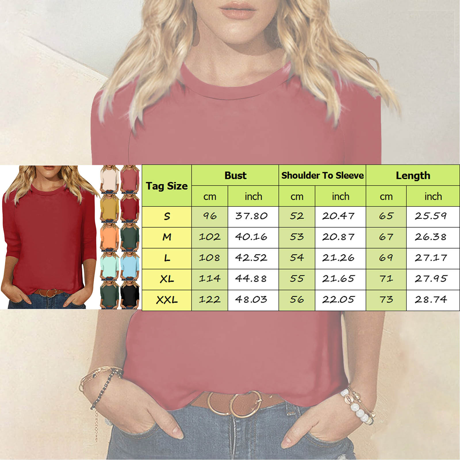 thumbnail image 3 of Camisa raglán informal de manga 3/4 para mujer, cuello redondo, poliéster, color liso, estilo informal y moderno, tallas S-XXL, 3 of 5